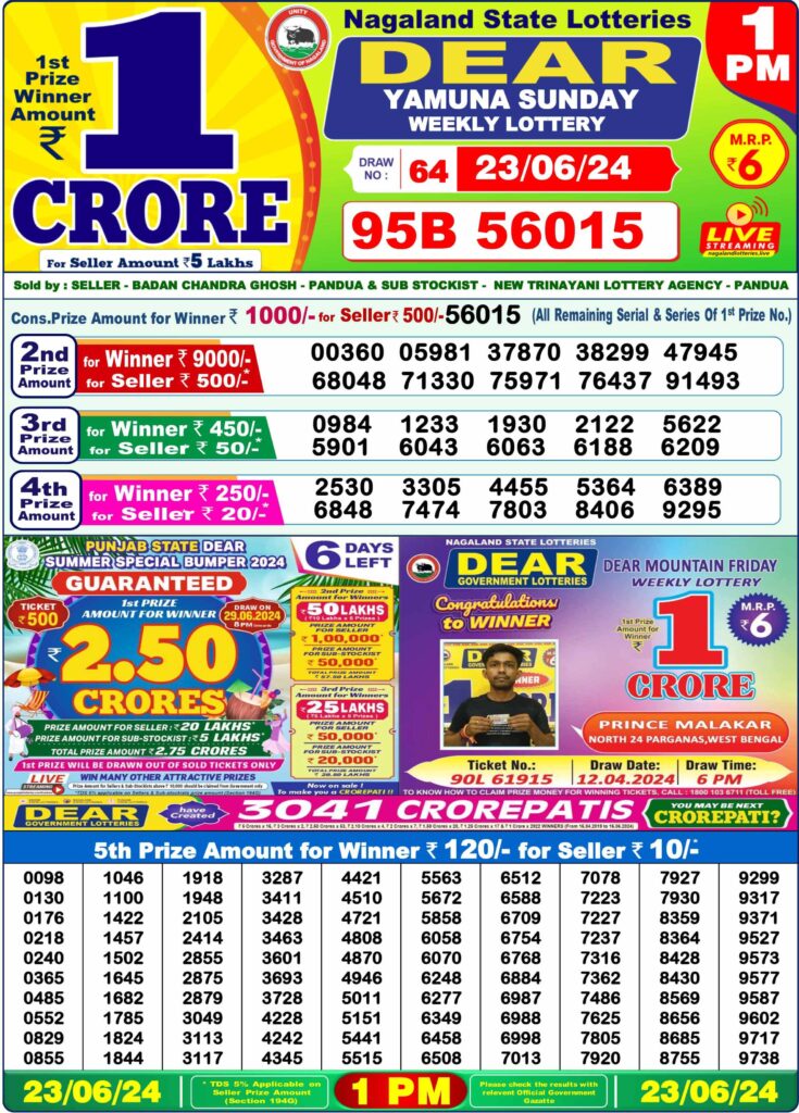 Dear Lottery Sambad Result Today Sunday 23 June Morning 1PM Live Winners List