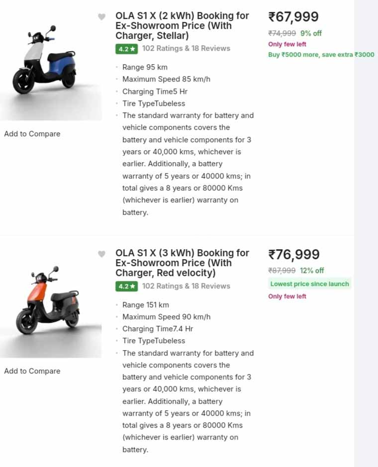 Ola S1x electric scooter receives massive price cut