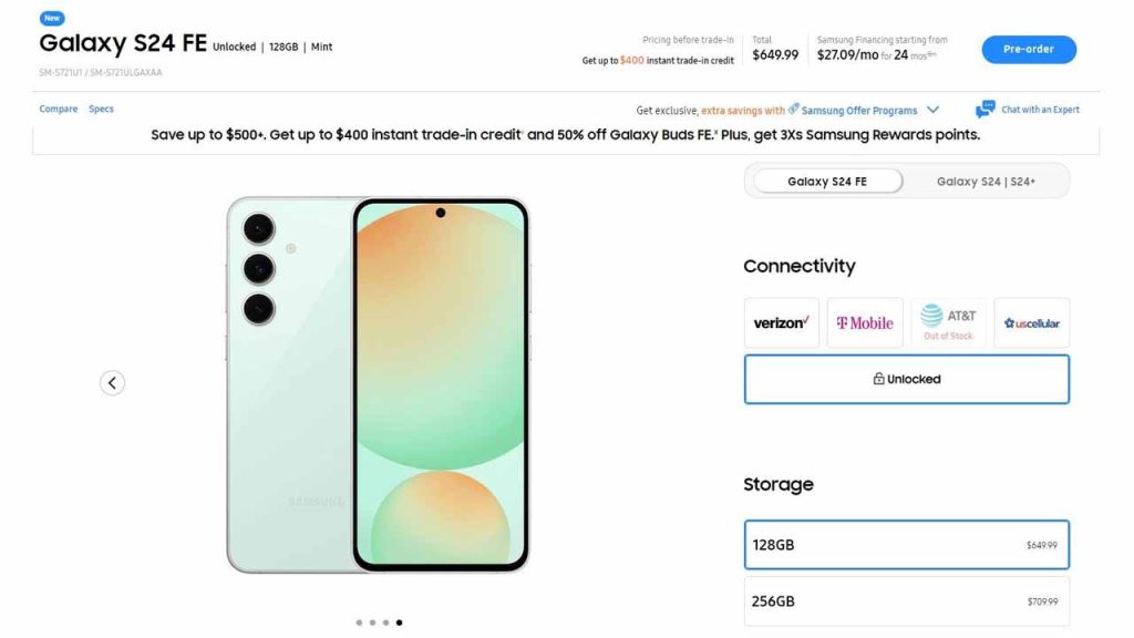 Samsung Galaxy S24 fe pre order listing page reveal price ahead of tomorrow launch