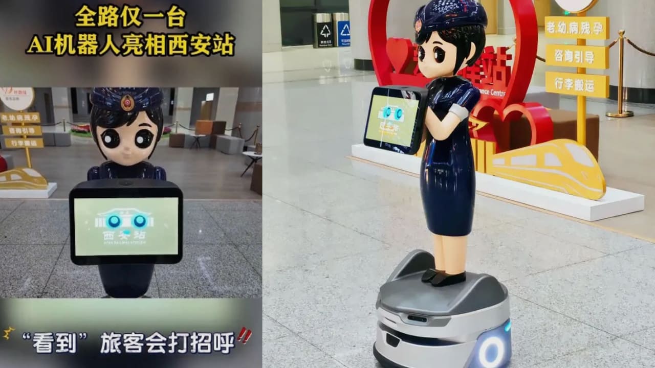 Xiaotie ai powered Humanoid Robots helping in railway station in china